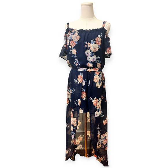 Lily Rose Dresses & Skirts - Floral Romper Dress Navy Blue Hi-Low Cold Shoulder Chiffon Boho Large